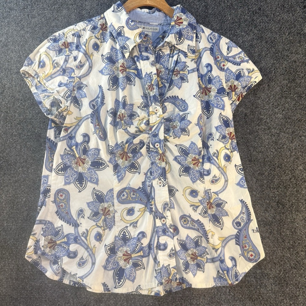 Tommy Hilfiger Stretch Floral Paisley Preppy Coastal Button Shirt Womens L